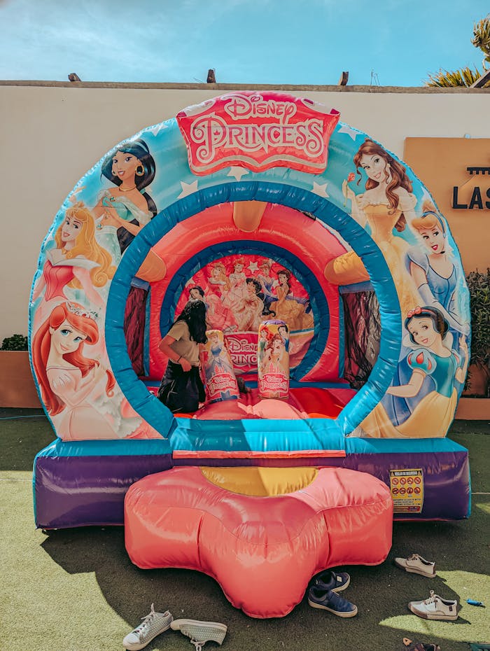gallery-4 Vibrant Disney Princess-themed bouncy castle set up outdoors during a sunny day, ideal for children's events.